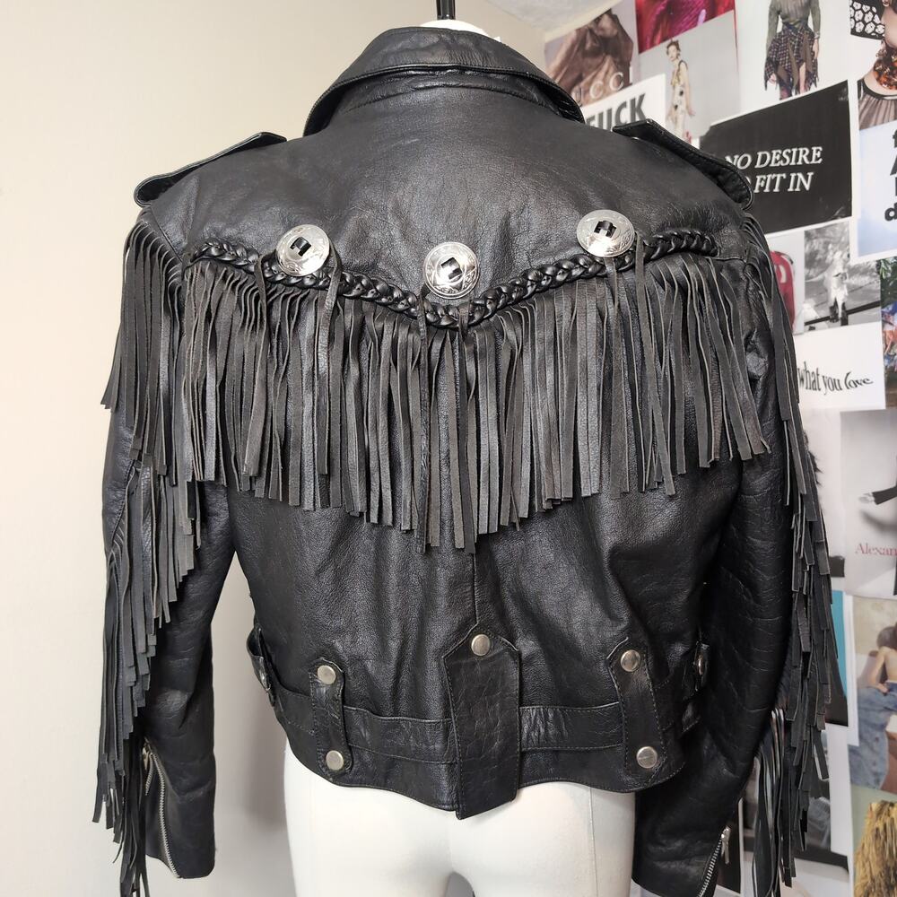 Cropped Leather Fringe Jacket Biker Vintage - Picture 3 of 8